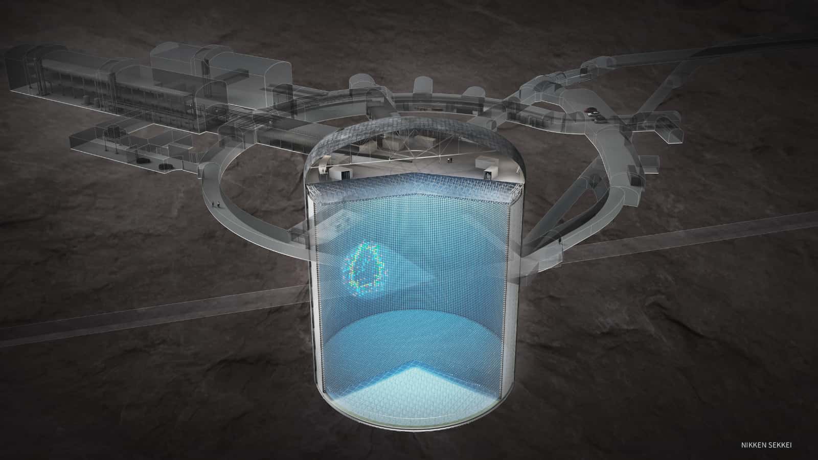 Technical rendering of Hyper-Kamiokande, a next-generation underground neutrino detector using water Cherenkov technology. Image credit: ICRR, University of Tokyo